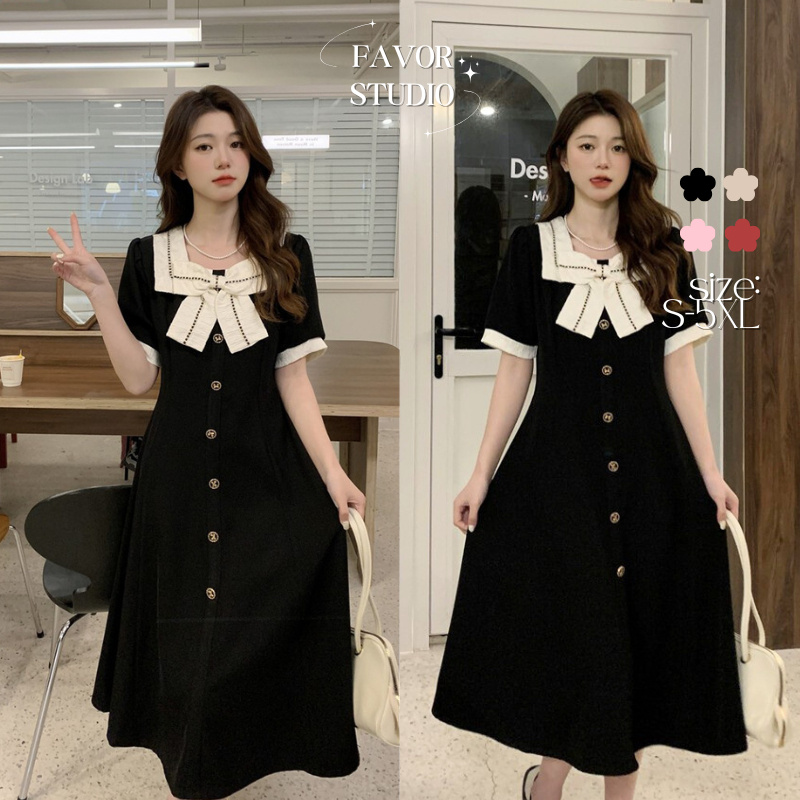 พร้อมส่ง🎁✨【S-5XL】💞 เดรสยาวสไตล์วินเทจ คอปกโบว์ แขนตุ๊กตา ช่วยพรางหุ่น เดรสออกงาน สำหรับสาวอวบ พลัสไซซ์