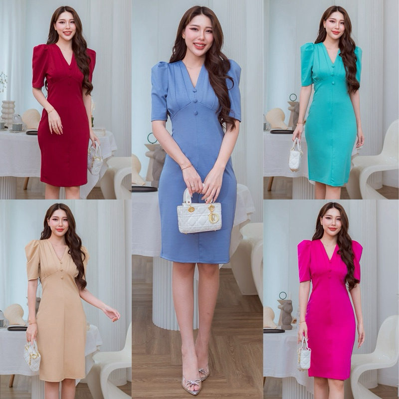 239 เดรสคอวีแขนจับจีบไหล่ยกแต่งกระดุมปั้มกลางอก (ผ้าเทพ REEYA)