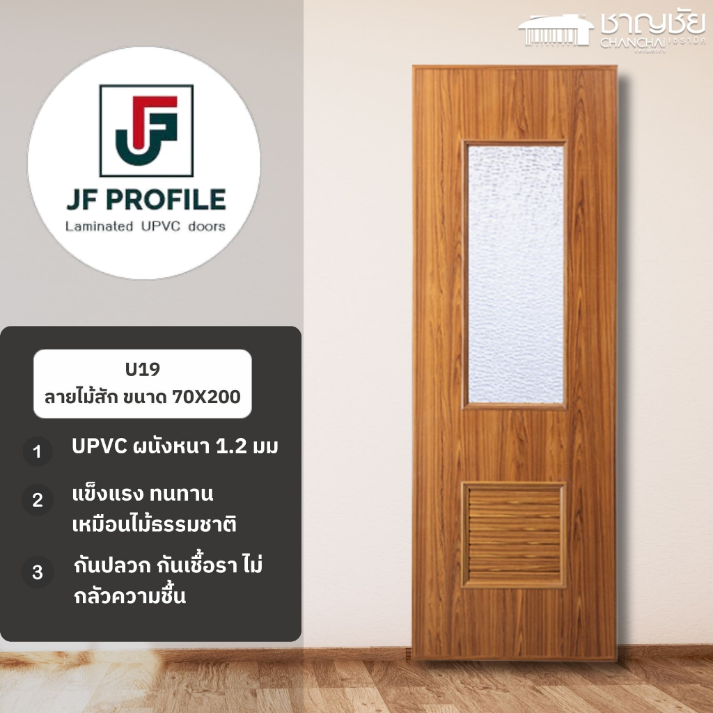 JF - U19 ขนาด 70x200 ประตูห้องน้ำ ประตูภายใน กันน้ำ 100% UPVC ลายไม้ลามิเนต สีลายไม้สัก (ไม่เจาะ)