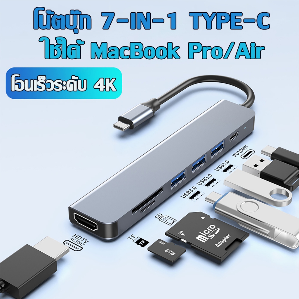 7 in 1 USB c Hub Splitter Data Adapter อะแดปเตอร์แปลง USB-C เป็น USB 3.2 Type-C HDMI 4K PD พอร์ต USB