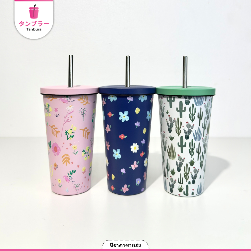 Tanbura แก้วน้ำ สกรีนลาย มีทั้งหมด 8 แบบ ขนาด 500 ml พร้อมหลอด แก้วสแตนเลส เกรด 304 แก้วเก็บความเย็น