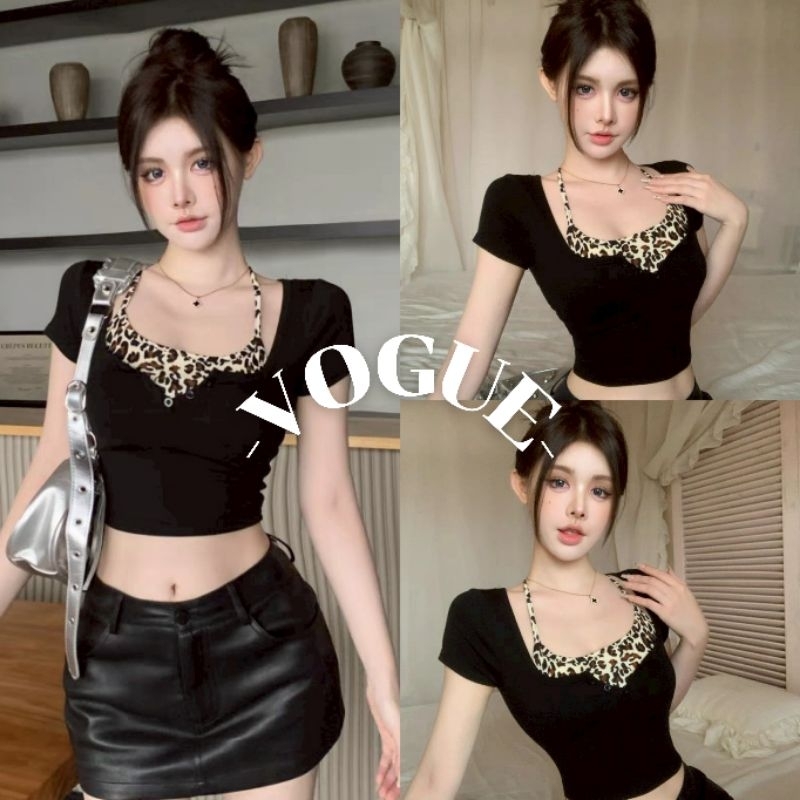 Vogue🌟พร้อมส่ง🌟 เสื้อครอปแขนสั้น แต่งสายเดี่ยวลายเสือ (FY520)