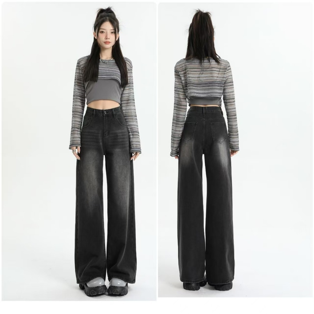 กางเกง ยีนส์สีดำฟอก ขากระบอกใหญ่ เสื้อปัจจักรญี่ปุ่นผู้หญิง - Jean, Clothing กางเกงยีนส์ขากระบอกใหญ่ ใส่ได้ทั้ง ช/ญ กางเ
