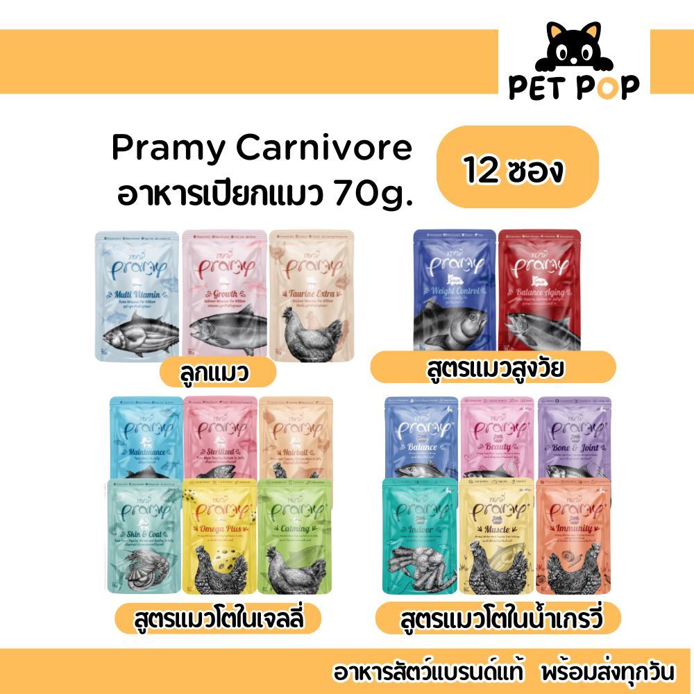โปรยกโหล 12 ซอง! PRAMY อาหารเปียกแมวพรามี่ บำรุงสุขภาพ มีให้เลือกทุกช่วงวัย คัดสรรเนื้อปลาคุณภาพชิ้นใหญ่ 70 g.