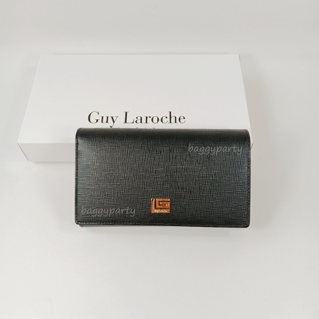 Guy Laroche แท้!! กระเป๋าสตางค์ผู้หญิง ใบกลางสามพับ สีดำ หนังลาย โลโก้GLสีทอง