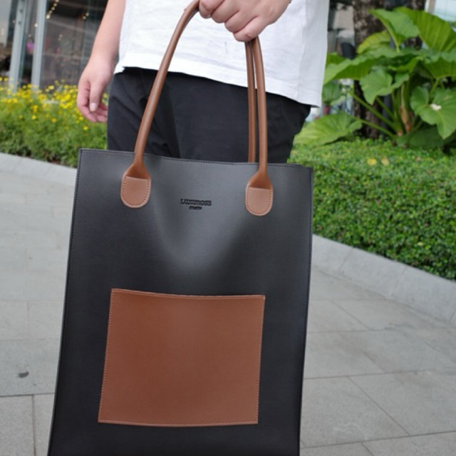 ALLY TOTE BAG LUNGO กระเป๋าทำงานหนัง PU ใบใหญ่ ใส่ A4/โน้ตบุ๊ก/Ipad มีช่องหน้า สีทูโทนเรียบหรู สะพายไหล่ได้ พร้อมส่ง