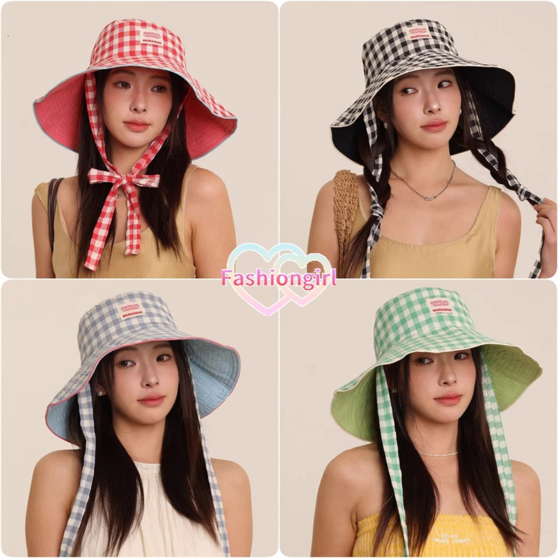 😍Fashion girl😍แฟชั่น หมวกกันแดดพับได้ 2 ด้าน สไตล์วินเทจ หมวกบักเก็ต ลายสก็อต ขนาดใหญ่ สําหรับผู้หญิง