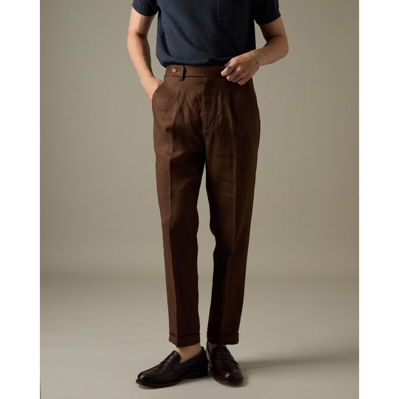 TWENTYSECOND กางเกงขายาว ผ้าลินิน ทรงเอวสูง รุ่น Pleated Linen Trousers - น้ำตาล / Brown