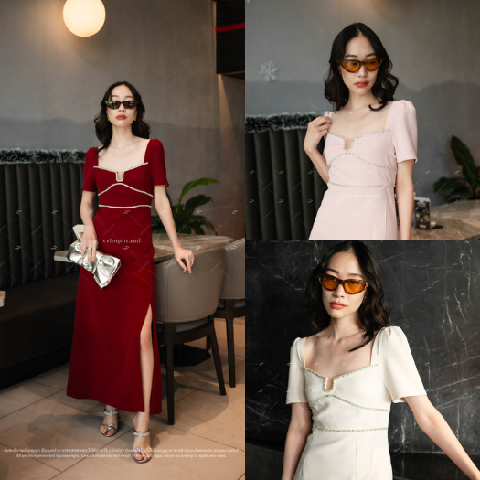 พร้อมส่ง Maxi เดรสแขนสั้นแต่งเพชรหน้ากระโปรงผ่าข้าง งานป้ายvshopbrand