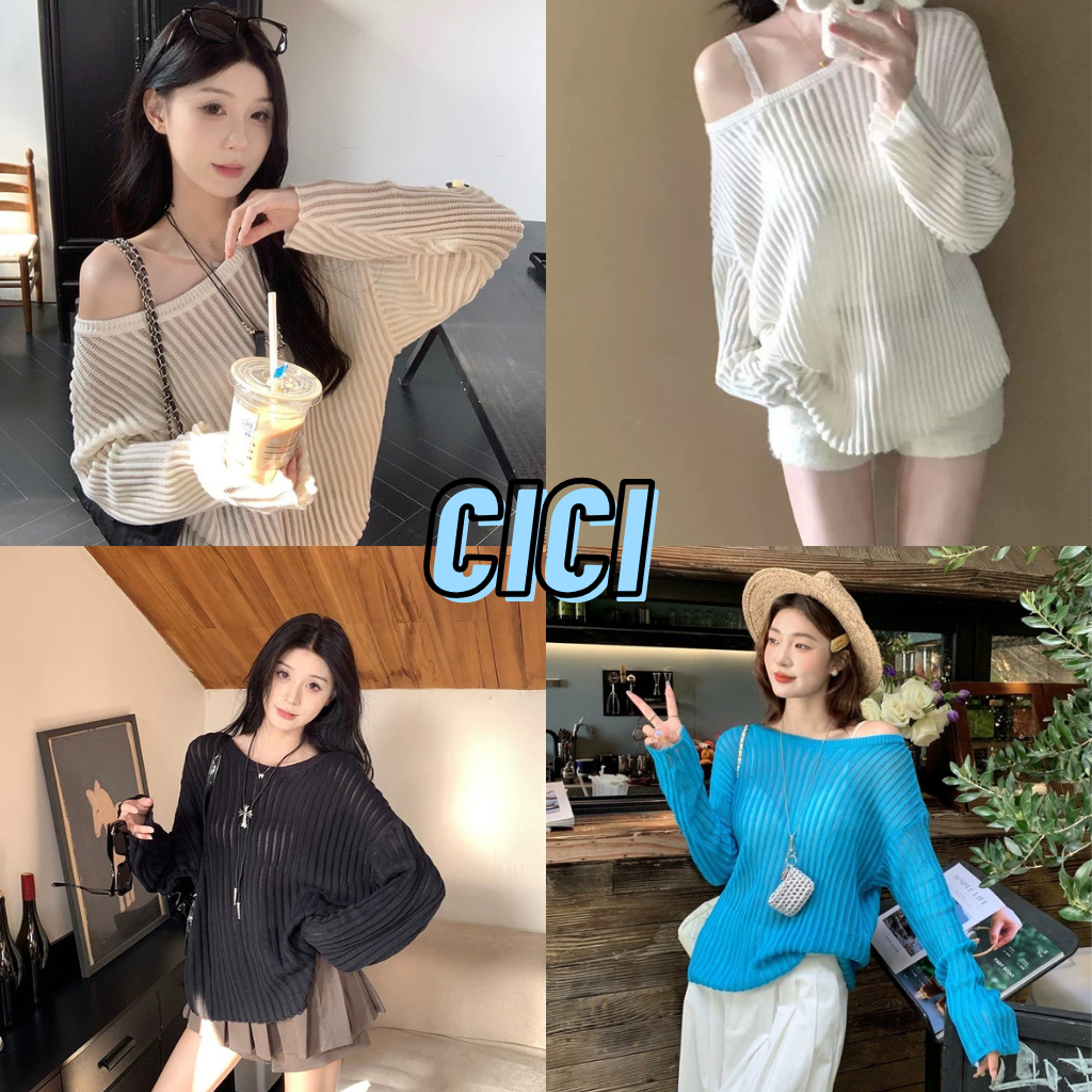 ส่งทันที Cici(NO. G009) เสื้อแขนยาวผ้าถักสีพื้นบางเบา Oversize ปาดไหล่ได้ ใส่เล่นสงกรานต์