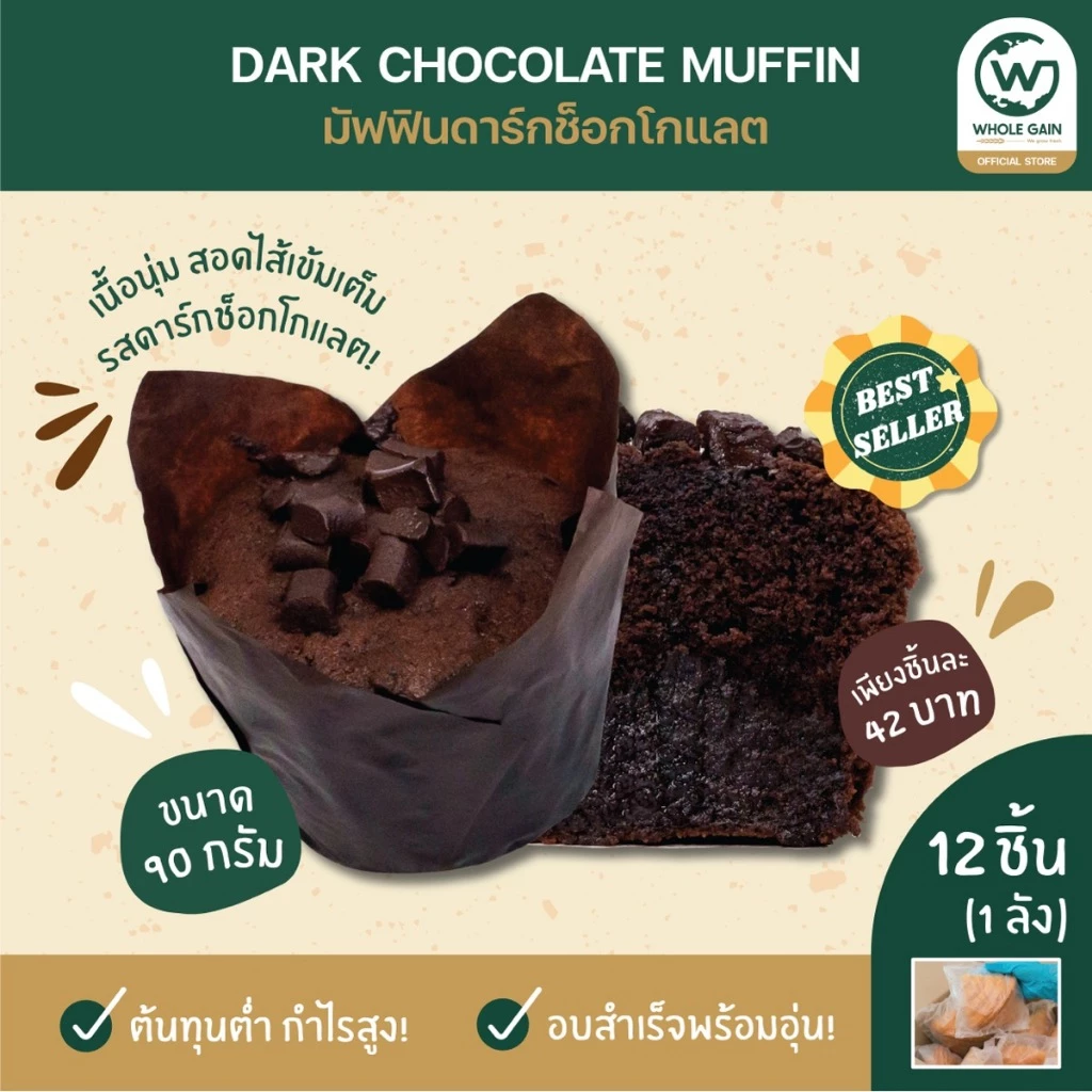 ขนม มัฟฟิน ดาร์กช็อกโกแลต ขายส่ง ชิ้นใหญ่ กำไรสูง (1ลัง12ชิ้น) อบพร้อมทาน แช่แข็ง