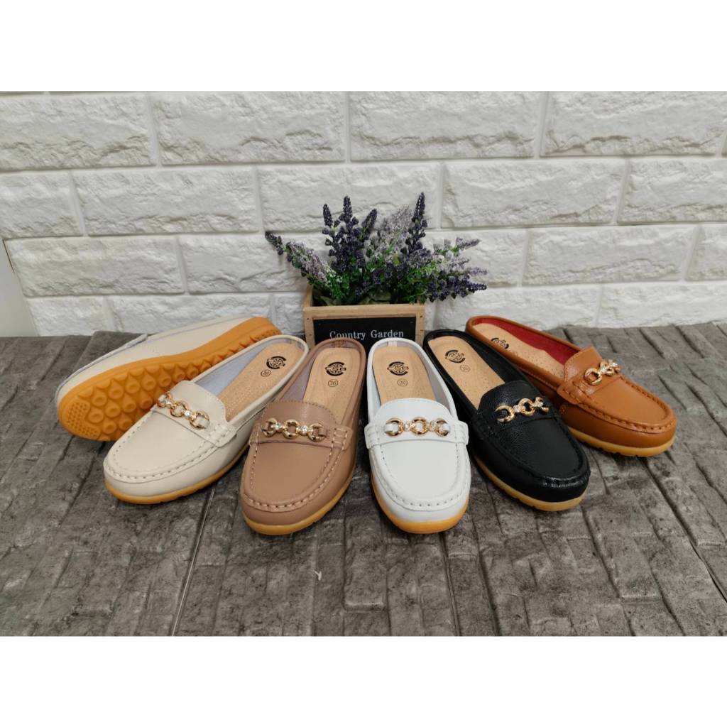 XX92-421รองเท้าผู้หญิงเปิดส้นหน้าโซ่หนังแท้มีไซส์36-41+1ไซส์พื้นยาง