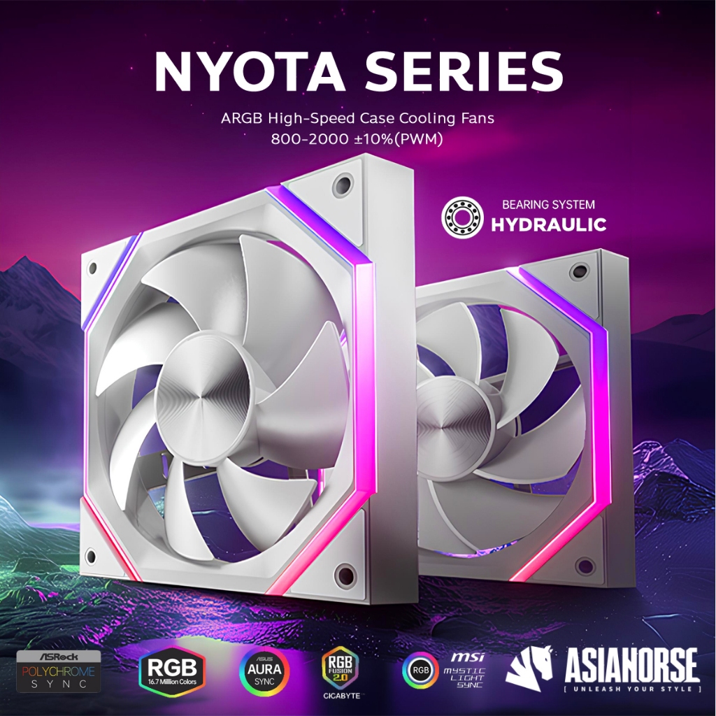 พัดลมคอมพิวเตอร์ ขนาด 120/140mm [ Asiahorse Nyota Series 4-Pin Pwm ARGB Fan - White ]
