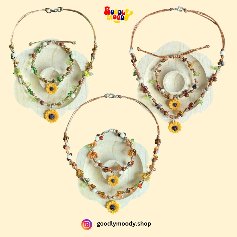 เซตสร้อยคอ+กำไลเชือกเทียน ดอกทานตะวัน งาน Handmade🌻📿