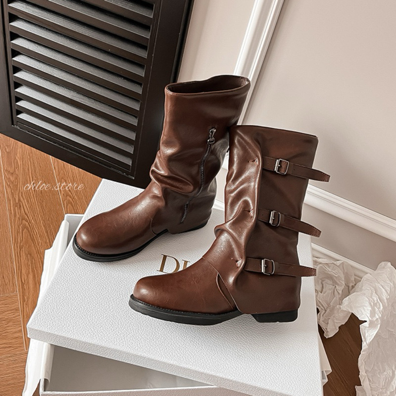 chloe.store 🐾พร้อมส่ง36-40🐾 บูทหุ้มข้อสูง แบบสวม สีดำและน้ำตาล