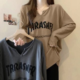 เสื้อยืดโอเวอร์ไซส์ (50-150 กก.) แขนยาว สไตล์เกาหลี คอวี พิมพ์ลายตัวอักษร พลัสไซส์ เสื้อยืด คัตติ้งยาว เสื้อยืดบาง