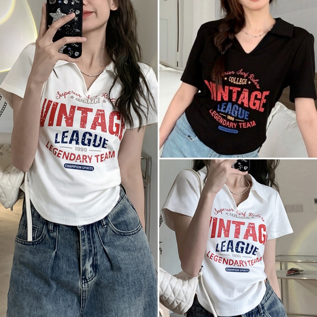 cherryshop พร้อมส่ง ทรงสลิมฟิตแขนสั้นสืสื้อยืด เสื้อยืดแฟชั่นผู้หญิง สไตล์อเมริกัน การออกแบบการพิมพ์แบบดิจิตอล