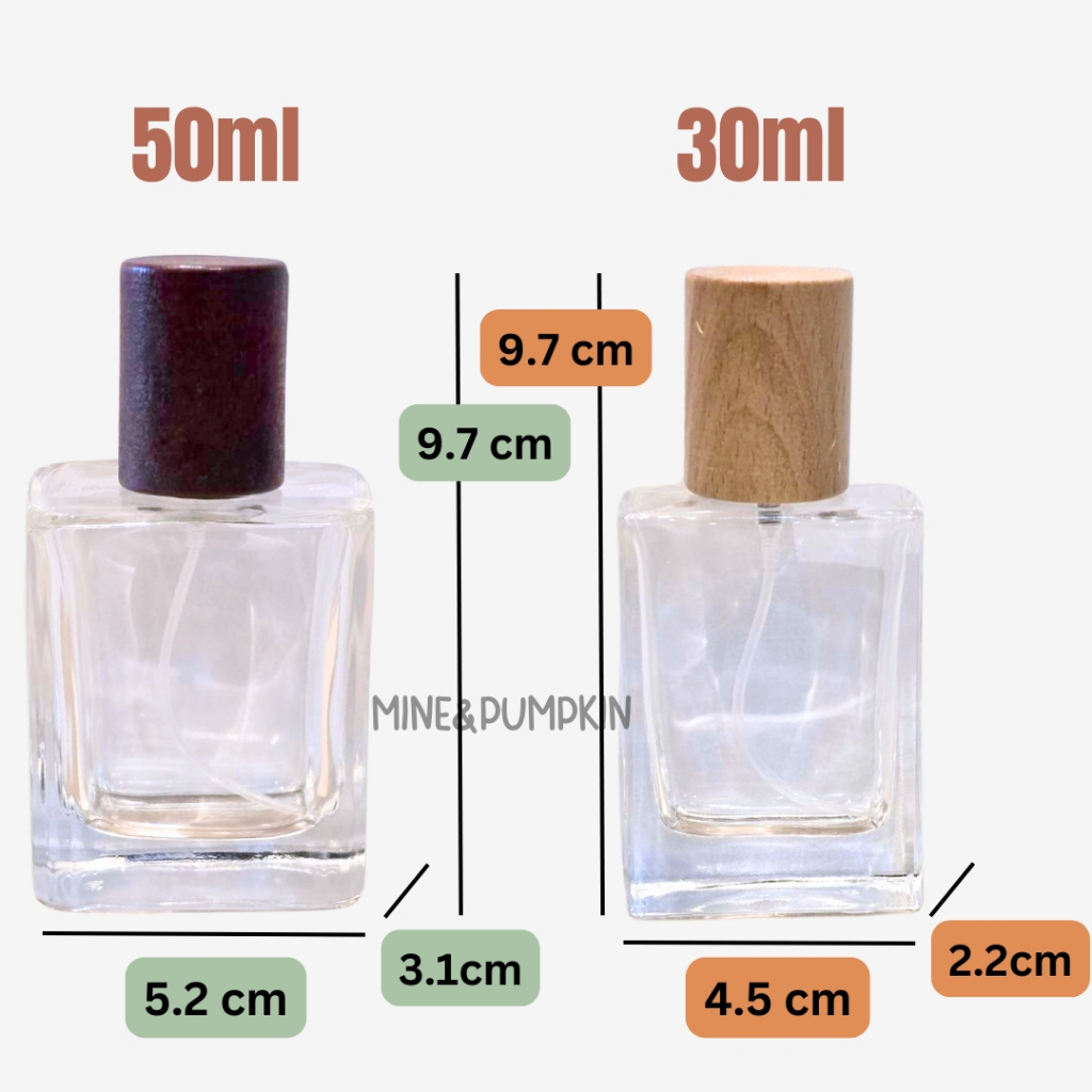 【M&P】ขวดแก้วใส ทรงสี่เหลี่ยม ฝาไม้ ขนาด 30 / 50 ml