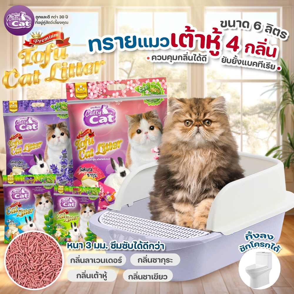Catty Cat Tofu ทรายแมวเต้าหู้ ทรายแมวพรีเมียม ยับยั้งแบคทีเรีย ทิ้งลงชักโครกได้ ธรรมชาติ 100% ขนาด 6 ลิตร