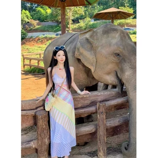 ส่งทันที Cici(NO. Y6283) เดรสยาวสายเดี่ยวพิมพ์ลวดลายตาราง จั้มอก สายปรับได้ ซิปข้างเก็บหุ่นเข้ารูป แต่งปลายเฉียง