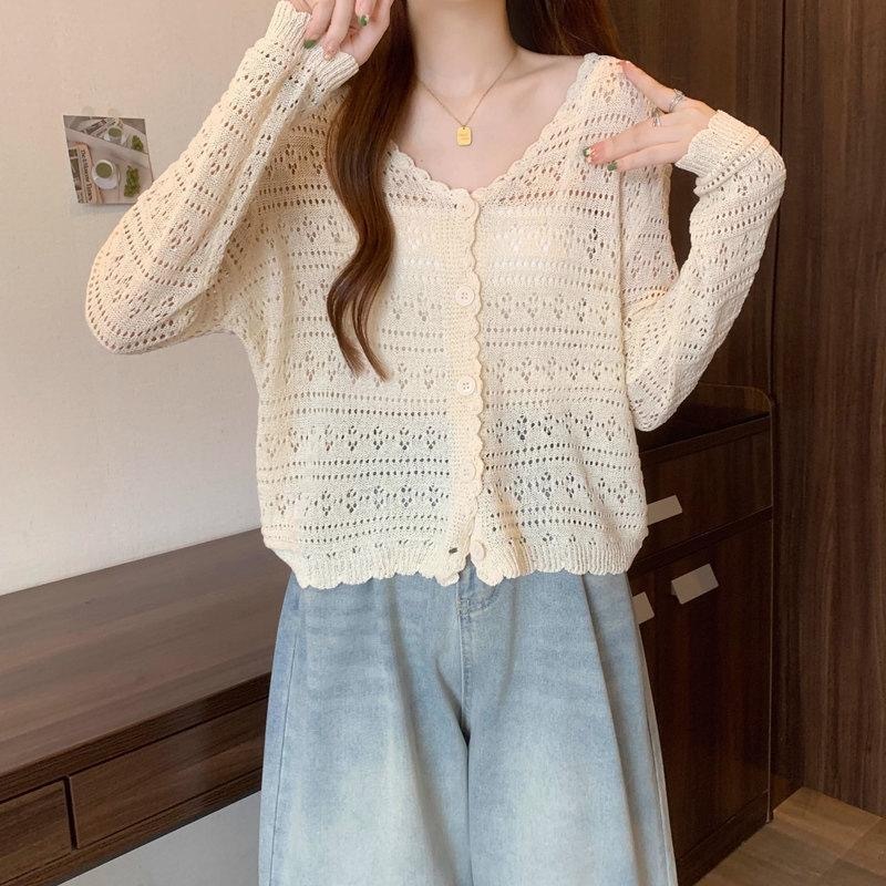 เสื้อคลุมคาร์ดิแกน สีพื้น ตาข่าย แขนยาว คอวี ผ้าบาง ฟรีไซส์