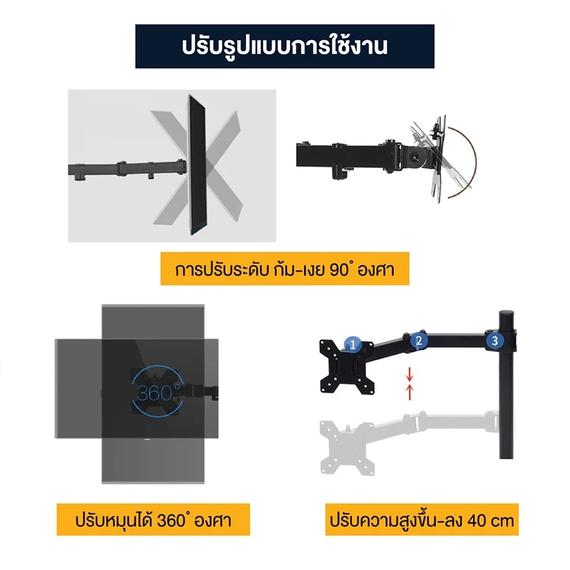 ขาตั้งจอคอม 17-27 นิ้ว ขาตั้งจอคอมพิวเตอร์ 2 จอ แบบ ฉากยึดหน้าจอแนวตั้ง ขายึดจอคอมพิวเตอร์ 360° ปรับได้หลายทิศทาง