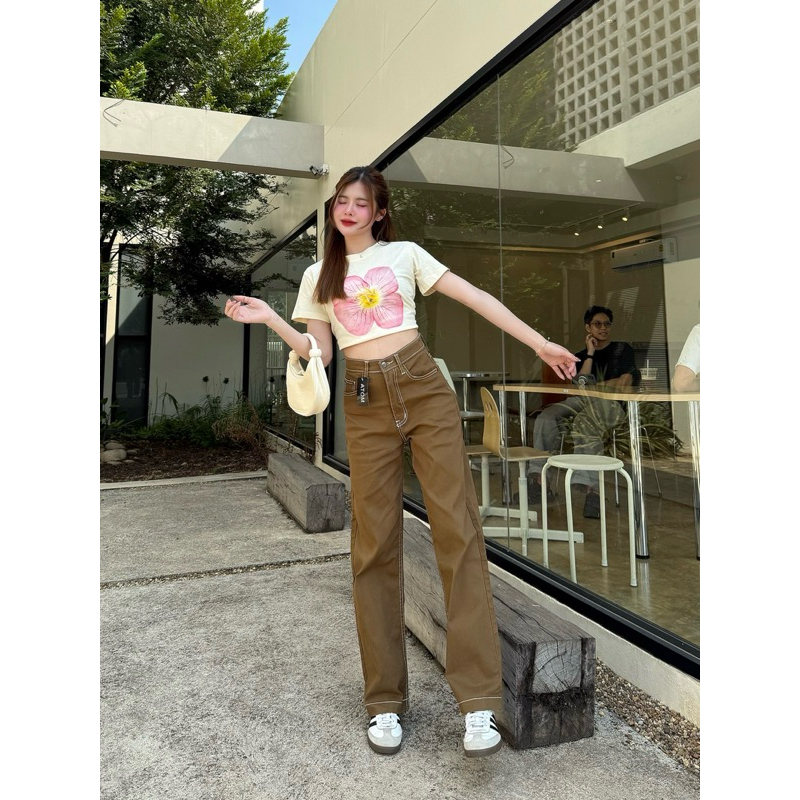 (s-xl) กางเกงยีนส์ทรงกระบอก ผ้าไม่ยืด แต่งเย็บปลายขา Atom jeans