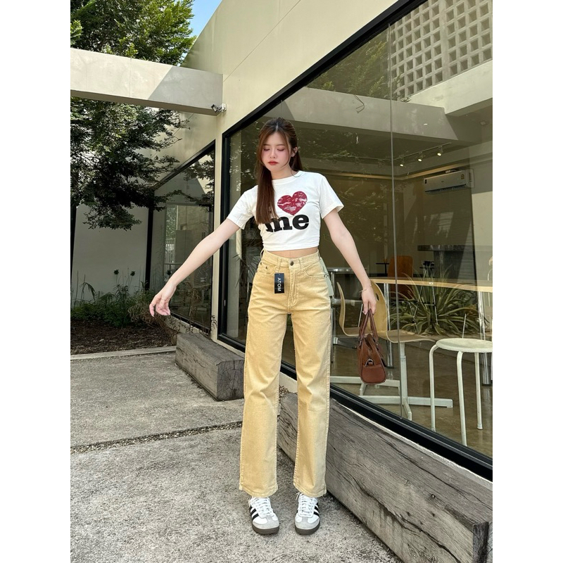 (S-XL) กางเกงทรงกระบอก ผ้าลูกฟูก Atom jeans