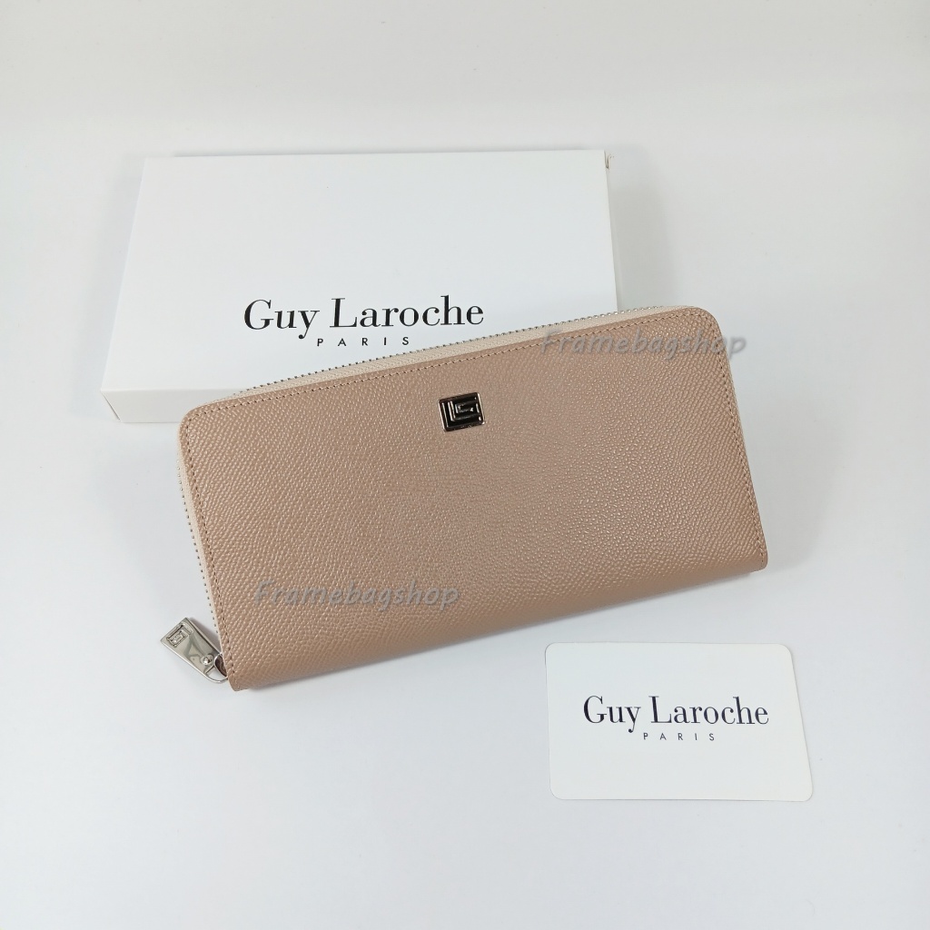 Guy Laroche กระเป๋าสตางค์ผู้หญิงใบยาว ซิปรอบ สี Beige หนังลาย อะไหล่สีเงิน