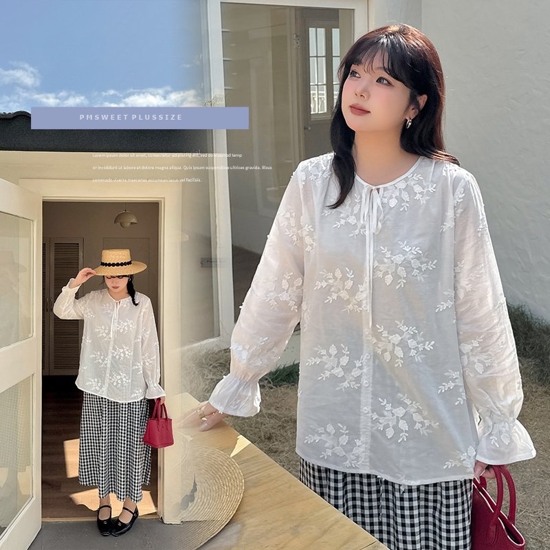 [ 🔥อกถึง 56" ] : PMP2396 : พรีออเดอร์ เสื้อลายปักลูกไม้ไซส์ใหญ่ แบบสวม แต่งเชือกผูกโบว์ช่วงคอ