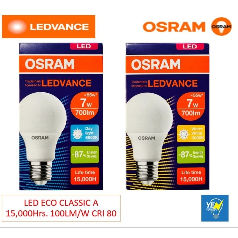 OSRAM หลอดไฟ LED ECO CLASSIC 7W แสงขาว/แสงเหลือง ขั้วE27 15,000 ชม.
