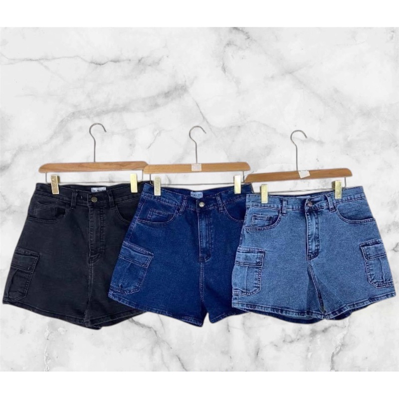 (34-44) กางเกงยีนส์ขาสั้นไซส์ใหญ่ คาร์โก้ ผ้ายืด ยาว 15 นิ้ว