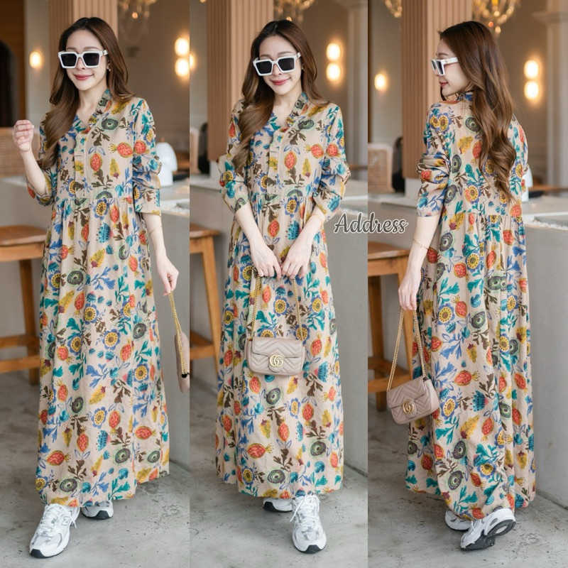 Floral V Frill Collar Long Sleeve Maxi Dress