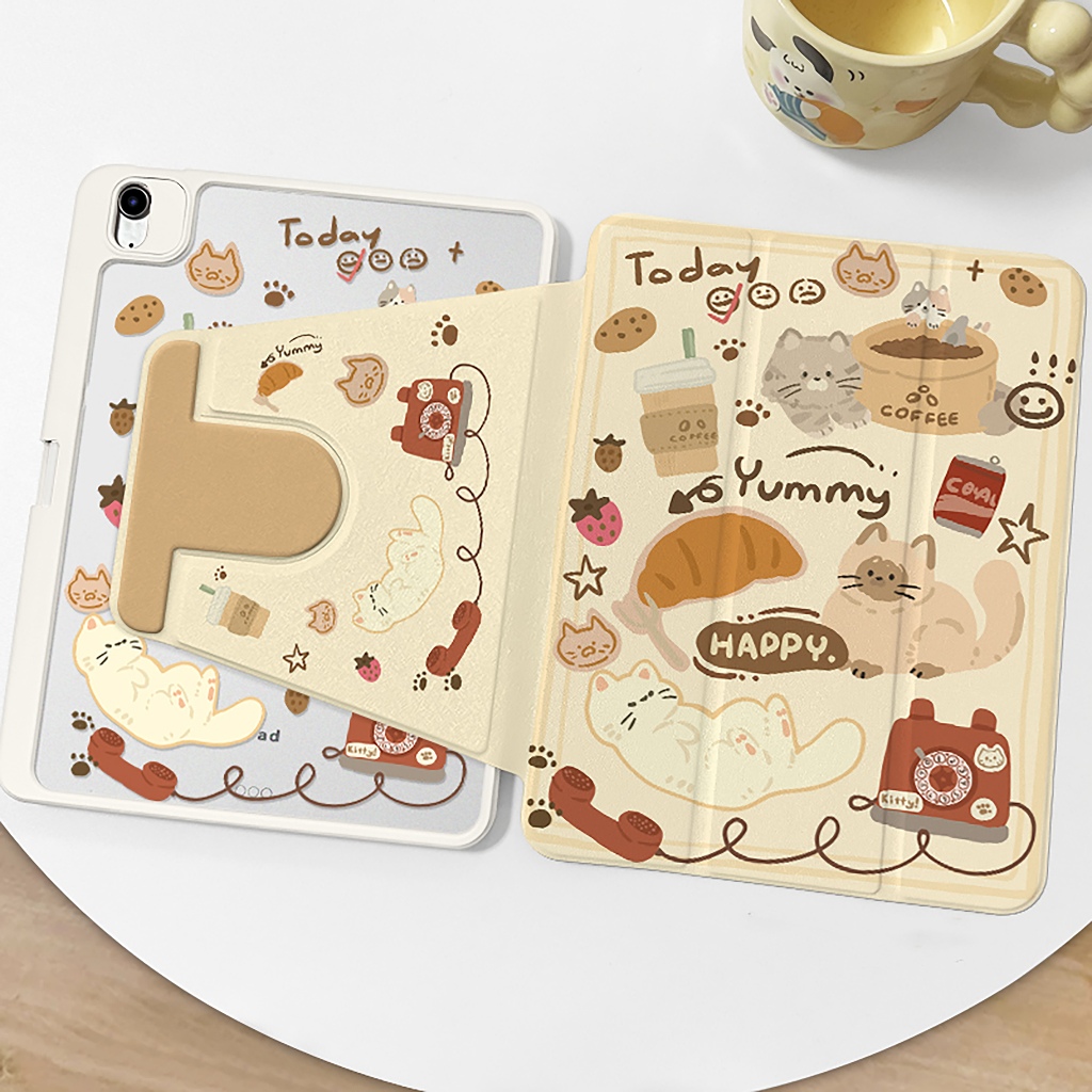 ⚡พร้อมส่ง⚡เคส iPad Gen10 Gen11 Air8 11/13 Gen12 ที่ใส่ปากกา ลูกแมวกาแฟ เคสiPadหมุน 360°Air7 Gen9/8