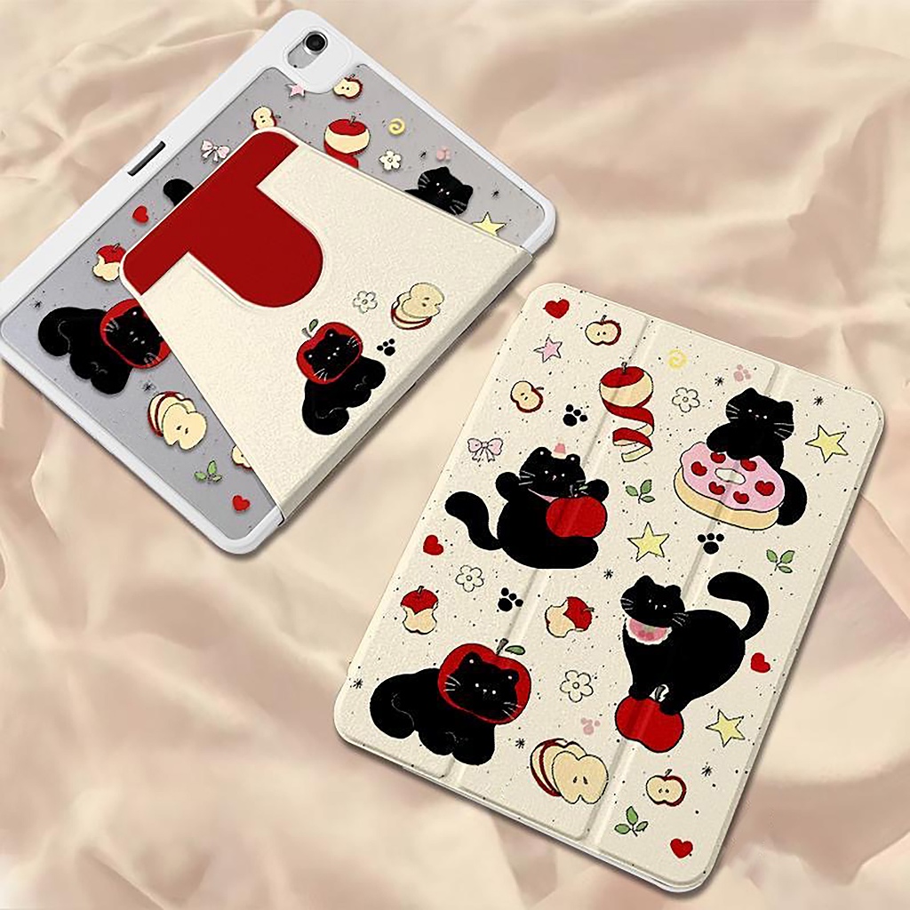 24 ชั่วโมงเคส เคสiPadหมุน 360° Air7 Air6 Gen11 ที่ใส่ปากกา แอปเปิ้ลแมวดำ เคสไอแพด Gen10 Air5/4 10.9