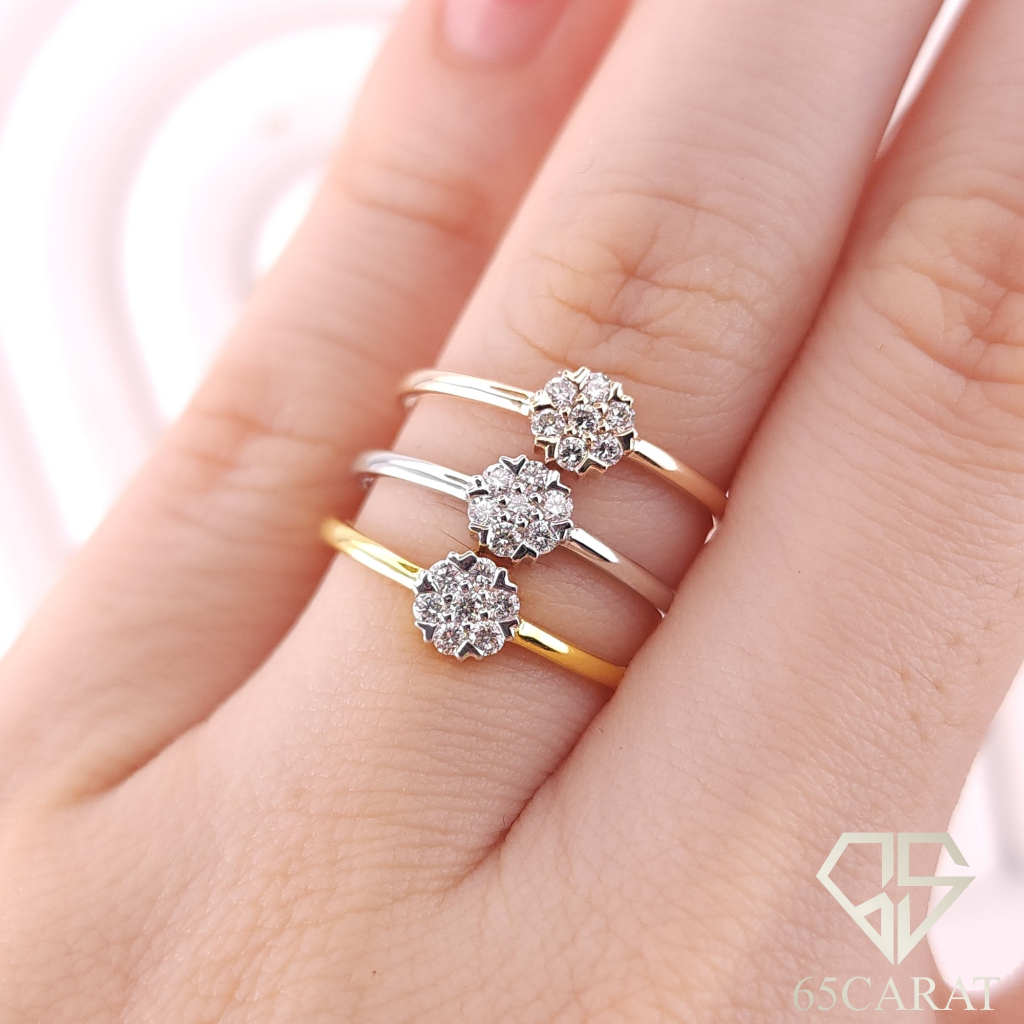 65Carat - แหวนเพชรแท้ เพชรน้ำ100 น้ำหนัก0.13กะรัต แหวนกระจุกเพชรเตยหัวใจ6เตย ตัวเรือนทองคำแท้9K{37.5%} รหัสRI650012