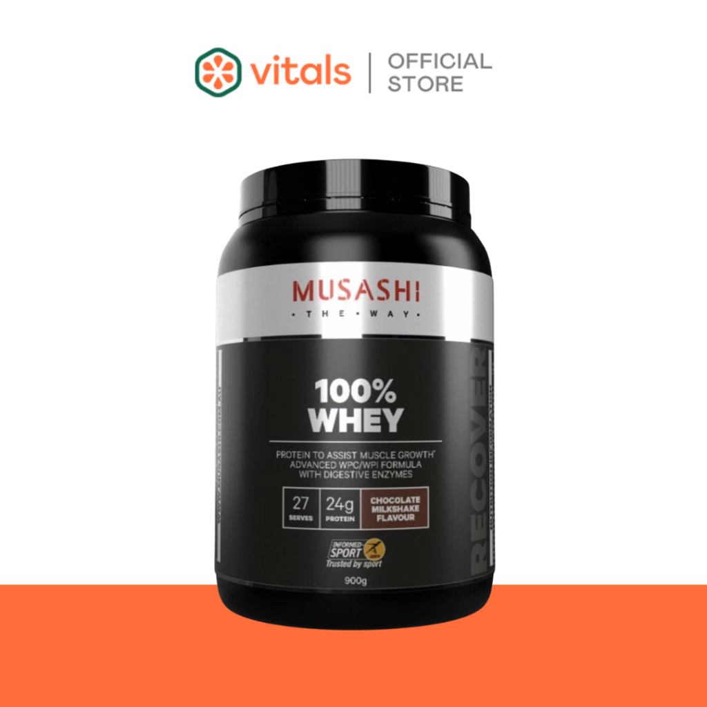 Musashi 100%Whey Protein Chocolate Milkshake (900g) มูซาชิ 100% เวย์โปรตีน ช็อกโกแลต มิ้วล์เชค (900กรัม)
