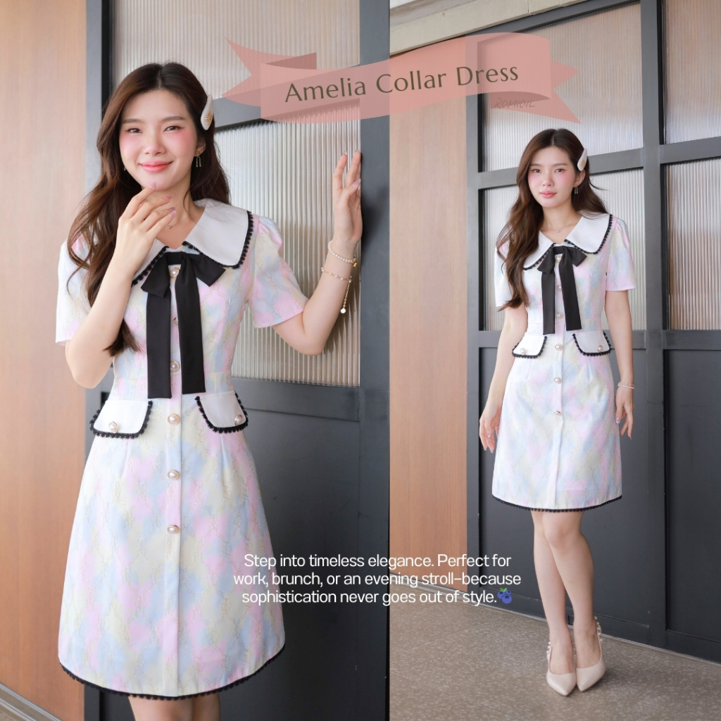 "Romi"Oil" Amelia Collar Dress G292 ชุดเดรสสีชมพู (คอปกแต่งลูกไม้ดำโบว์ดำ)