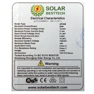 (สั่งซื้อบิลละไม่เกิน 5 แผง)​ SOLAR BESTTECH แผงโซล่าเซลล์ Mono มีขนาด 50W 60W 80W 100w 120w 160w 180w 200w ให้เลือก