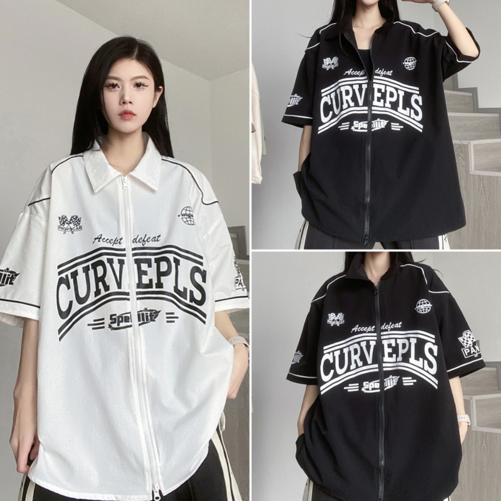 cherryshop🍒พร้อมส่ง เสื้อเชิ้ตแขนสั้น เสื้อวินเทจ สไตล์อเมริกัน ดีไซน์ลายปัก การออกแบบซิป แขนสั้น