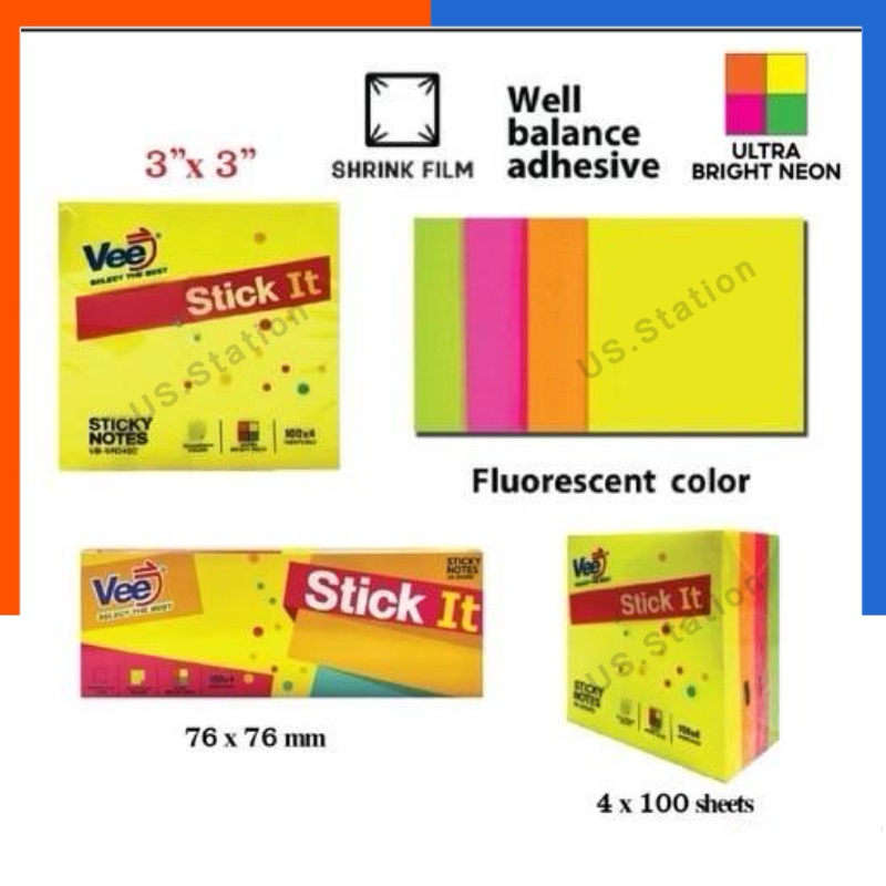 กระดาษโน้ต VEE VB-SN3400 Stick it 3x3นิ้ว จด โน้ต 4 สี 100แผ่น ก้อนใหญ่ ซูเปอร์ สติกกี้โน้ต US.Station