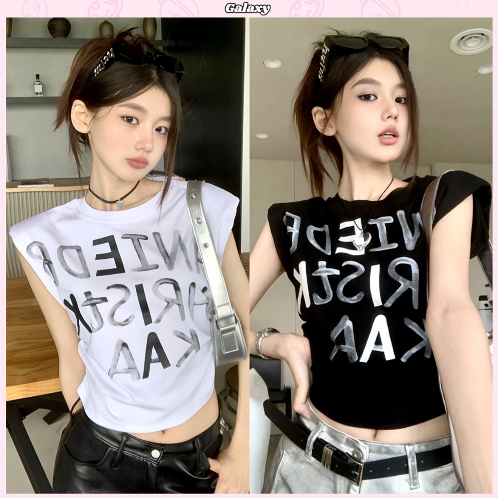 เสื้อยืดผู้หญิง เสื้อกั๊ก ลายอักษร คอกลม ทรงหลวม ใส่เเล้วดูผอม #020297