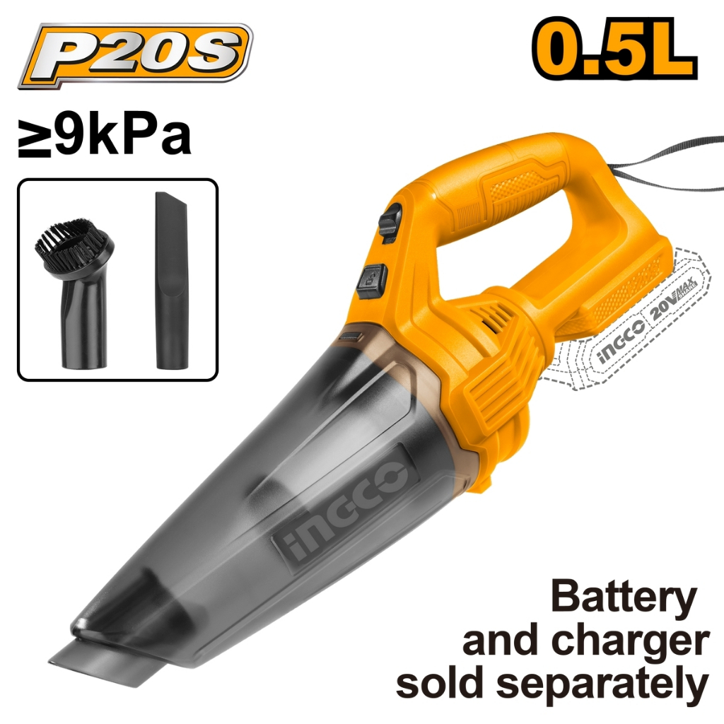 INGCO เครื่องดูดฝุ่นไร้สาย 20 โวลต์ รุ่น CVLI201261 ความจุในการเก็บฝุ่น 0.5 ลิตร แรงดันการดูด >9 KPA