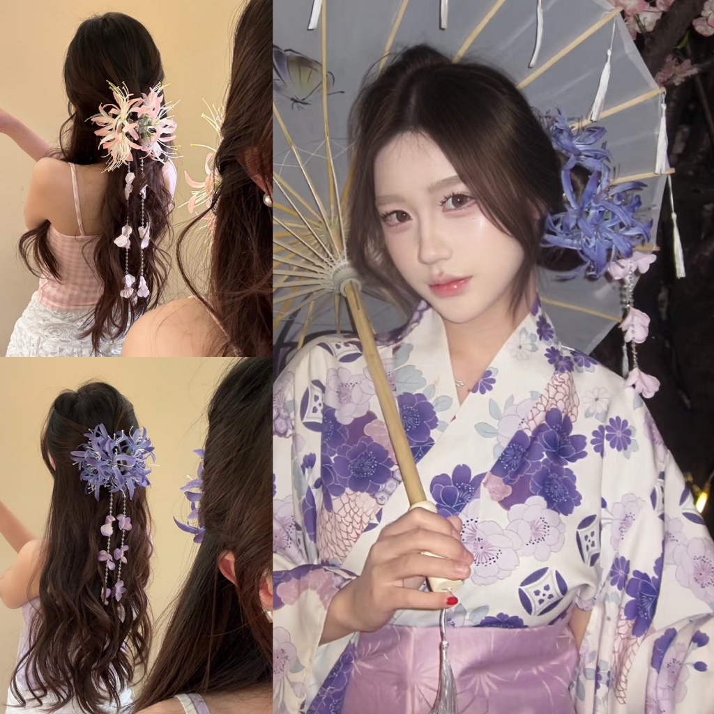เครื่องประดับผม กิ๊บดอกไม้ พู่ พู่ไข่มุก สีชมพูอ่อน🩷💜 สีม่วง สไตล์ญี่ปุ่น พร้อมส่ง🚚