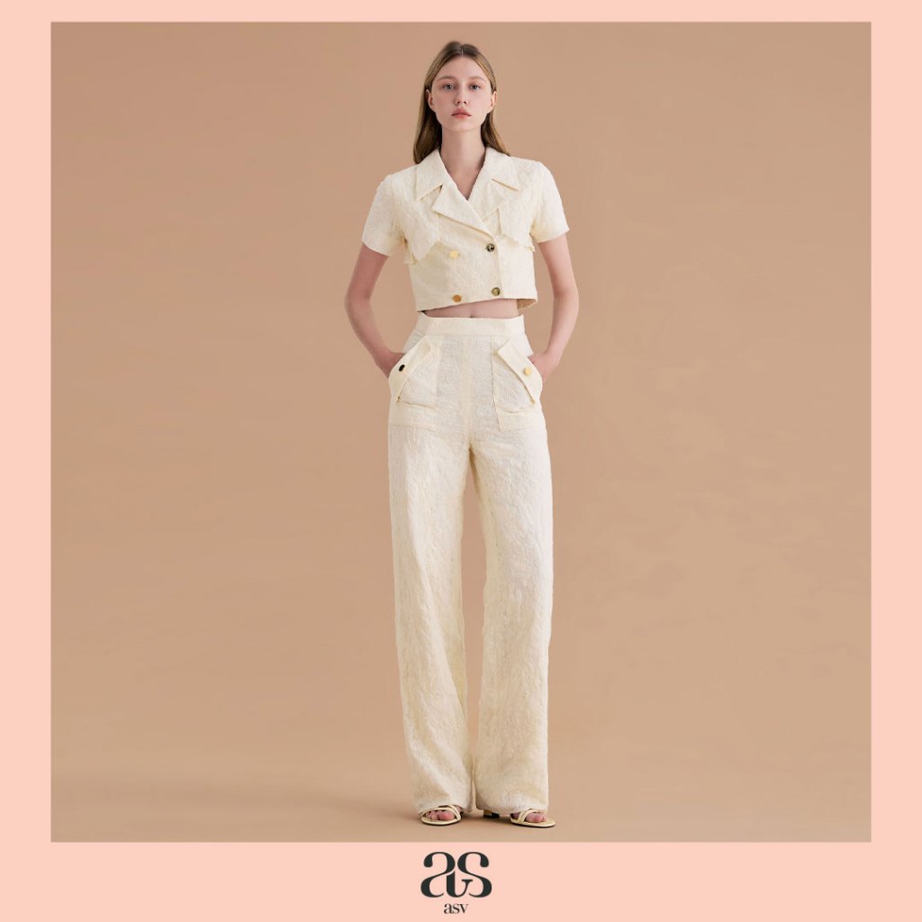 [asv ss25] Pamela Straight Pants กางเกงผู้หญิง ขายาว ทรงตรง เอวสูง กระเป๋าข้าง ซิปหลัง ผ้าปักลายดอกไ