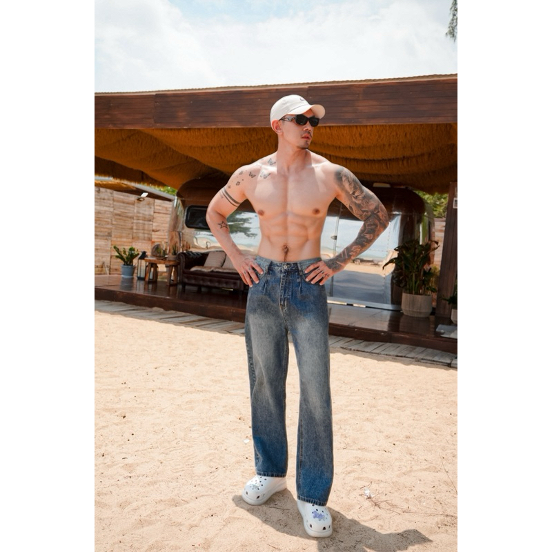 ROBMAN กางเกงยีนส์ผู้ชาย กางเกงเดนิมผู้ชาย Baggy Jeans กางเกงยีนส์ทรงหลวมสีฟอกกลาง Mid Wash Denim ไม่รัดรูปใส่สบายRM8005