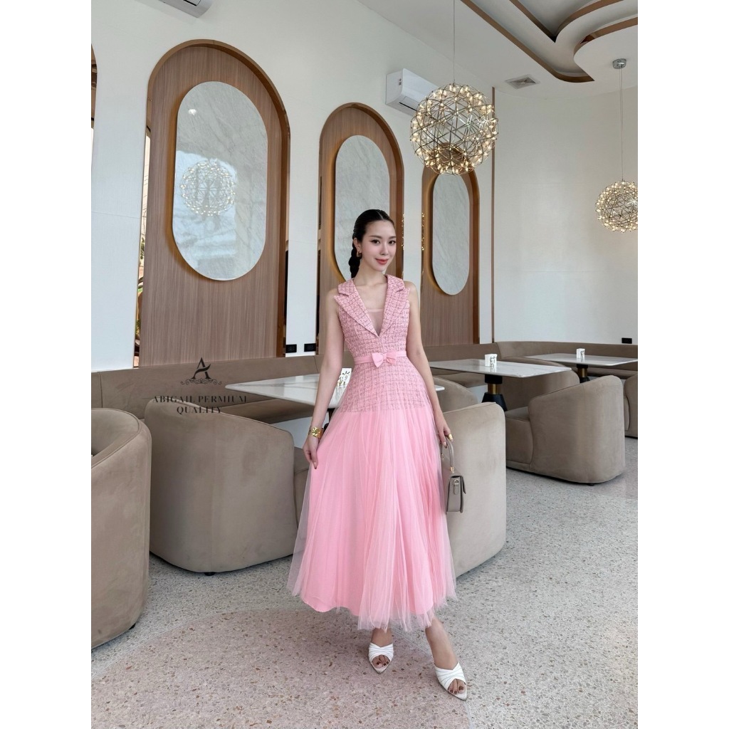 ABIGAIL BRAND ABG226 ชุดเดรสแขนกุดคอปกแต่งโบว์คาดเอว