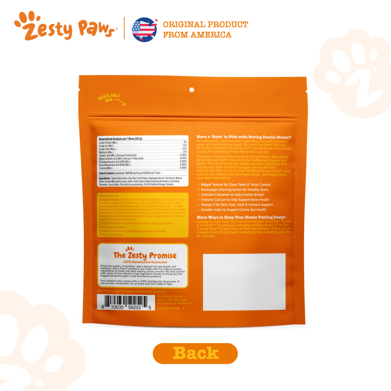 Zesty Paws All-in-One Functional Dental Bone Large - 8 bones (10.1oz) (EXP:07 2026) อาหารเสริมบำรุงฟันให้แข็งแรม รูปทรงกระดูก ขนาดใหญ่ 8 อัน