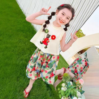 ชุดเซ็ท เสี้อเเขนกุด+กางเกงลายดอกไม้สีเเดง น่ารักสดใส เหมาะกับเด็กผู้หญิง เนื้อผ้าเบา ระบายอากาศดี