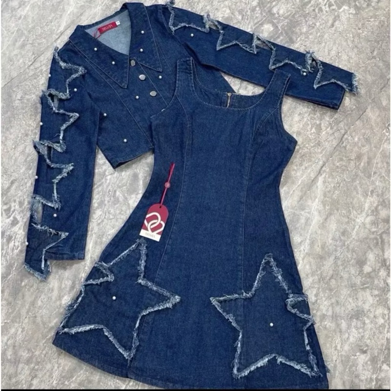 ส่งต่อ ชุดเซ็ท 2 ชิ้น เดรสยีนส์ + เสื้อคลุมยีนส์ ไซส์ S ป้าย Bellita ใหม่ป้ายห้อย